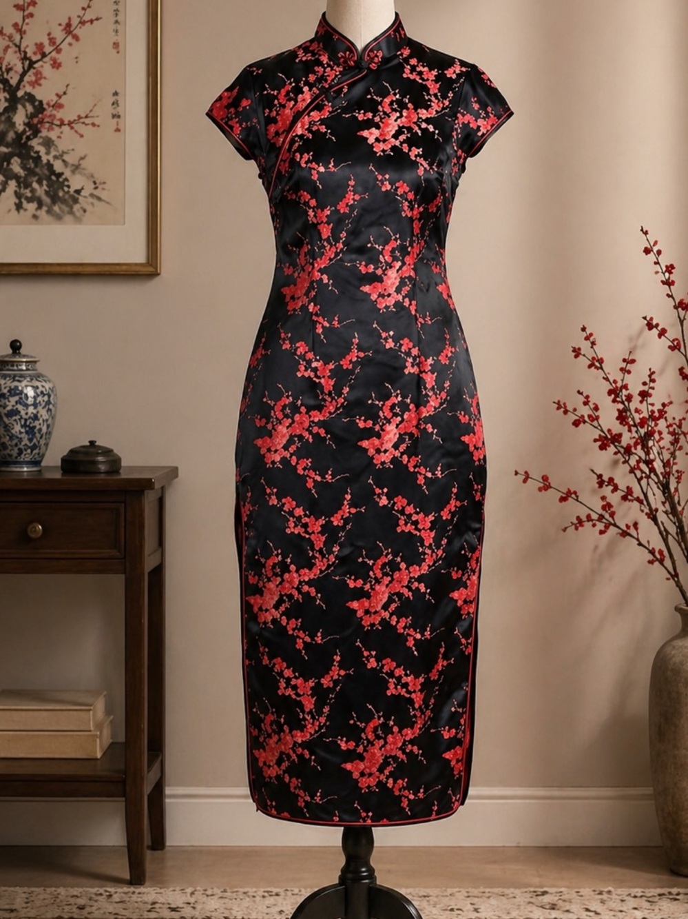 Tang Yi Black Red Satin Embroided Side Slit Dress